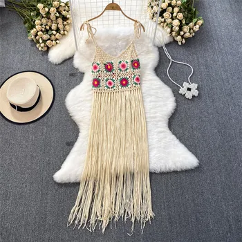 Винтажное пляжное мини-платье в стиле бохо, женский сарафан без рукавов, вязаное крючком платье ручной работы с цветочным рисунком и кисточками, Праздничные пляжные платья Vestidos