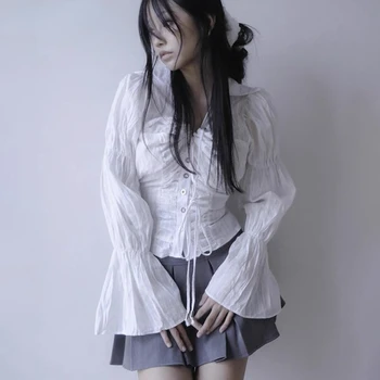 Корейская мода, эстетика Гранж, Нерегулярная рубашка, Женская блузка в стиле Ямамото, Винтажный Готический топ с расклешенными рукавами, Одежда Y2k