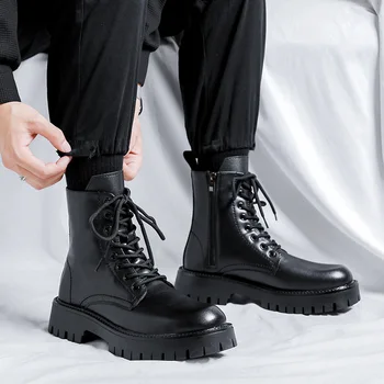 мужские модные осенне-зимние ботинки, обувь из натуральной кожи, ковбойские высокие ботинки, черные стильные красивые мотоциклетные ботинки на длинной платформе, мужские